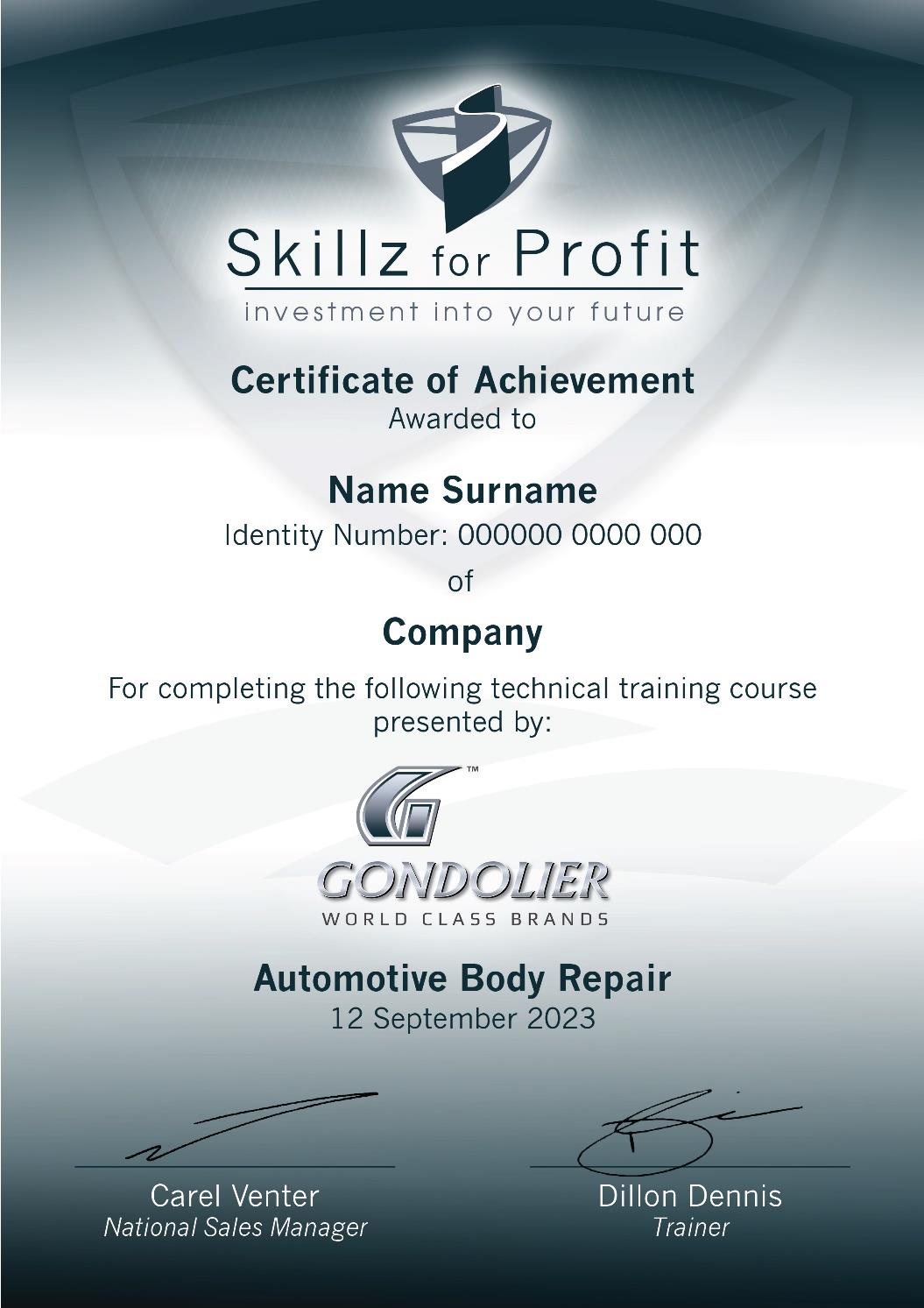 Skillz for Profit certificate of achievement